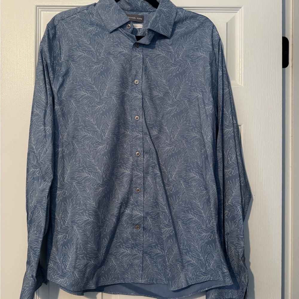 Michael Kors Men's Blue Patterned Slim Fit Dress Shirt